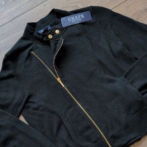 NWT Chaps Asymmetrical Zipper Cotton Knit Moto Jacket - Black Gold Coat - Medium